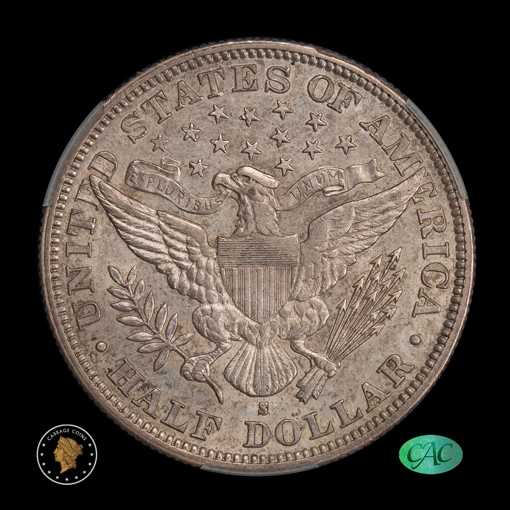 1894-S 50C Barber Half Dollar CAC AU58 Rev Dr McClure reverse