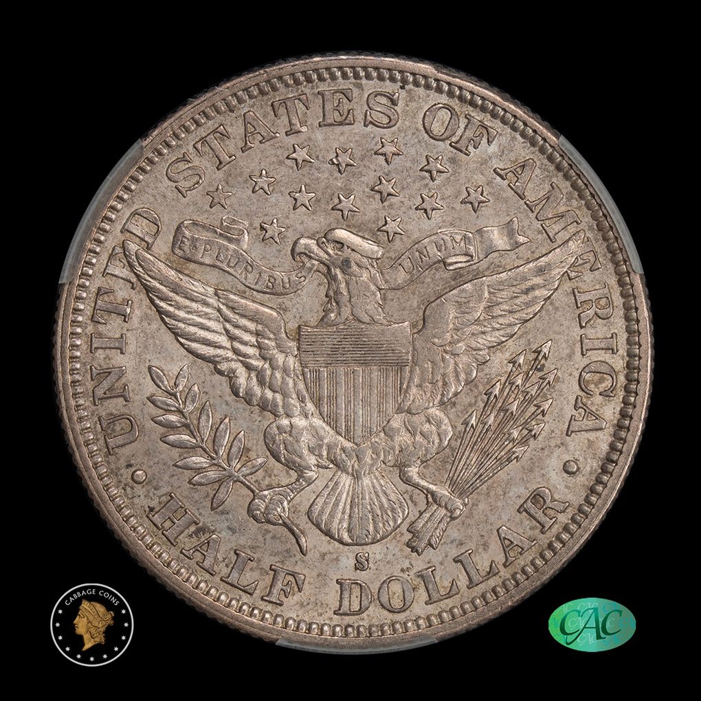 1894-S 50C Barber Half Dollar CAC AU58 Rev Dr McClure reverse
