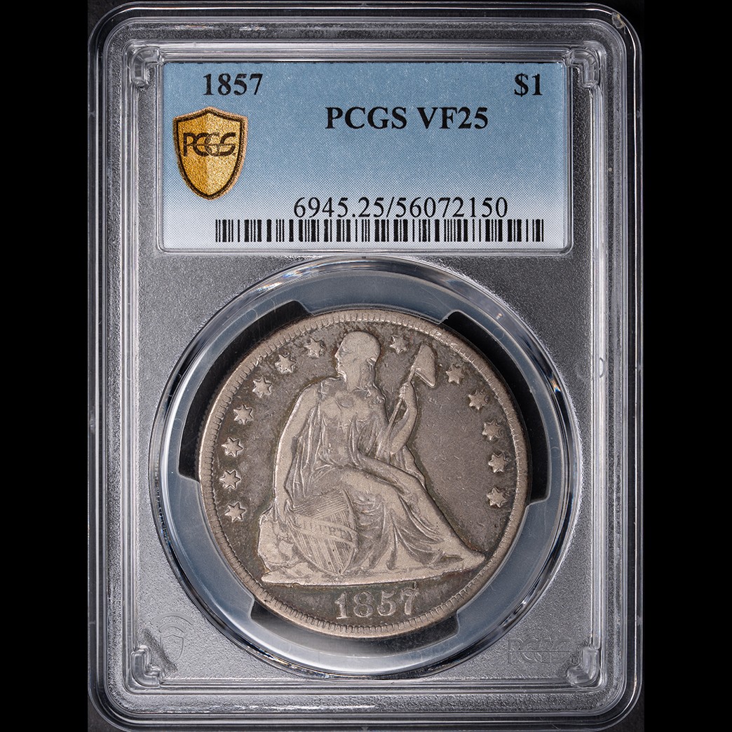 1857 $1 Seated Liberty Dollar PCGS VF25 in holder, view 1