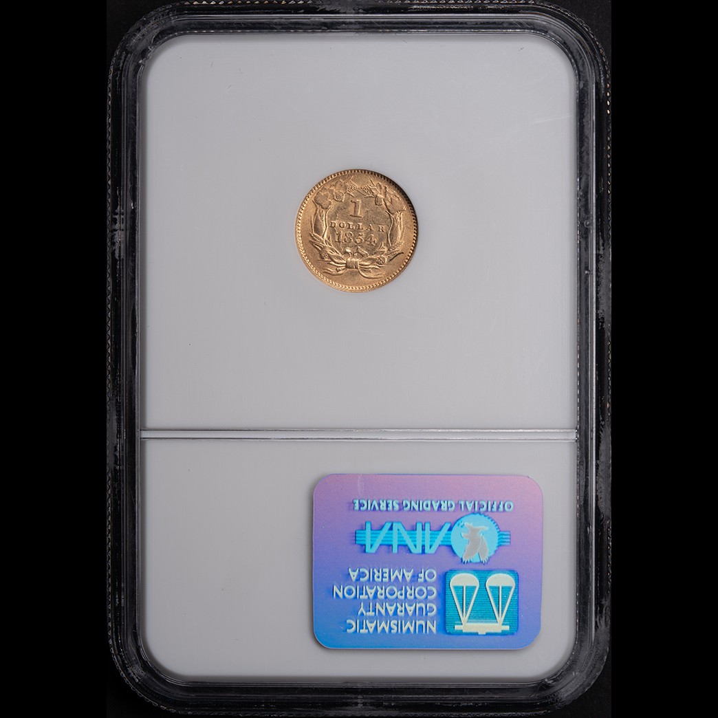 1854 G$1 Princess Head Gold Dollar Type 2 NGC AU55 in holder, view 2