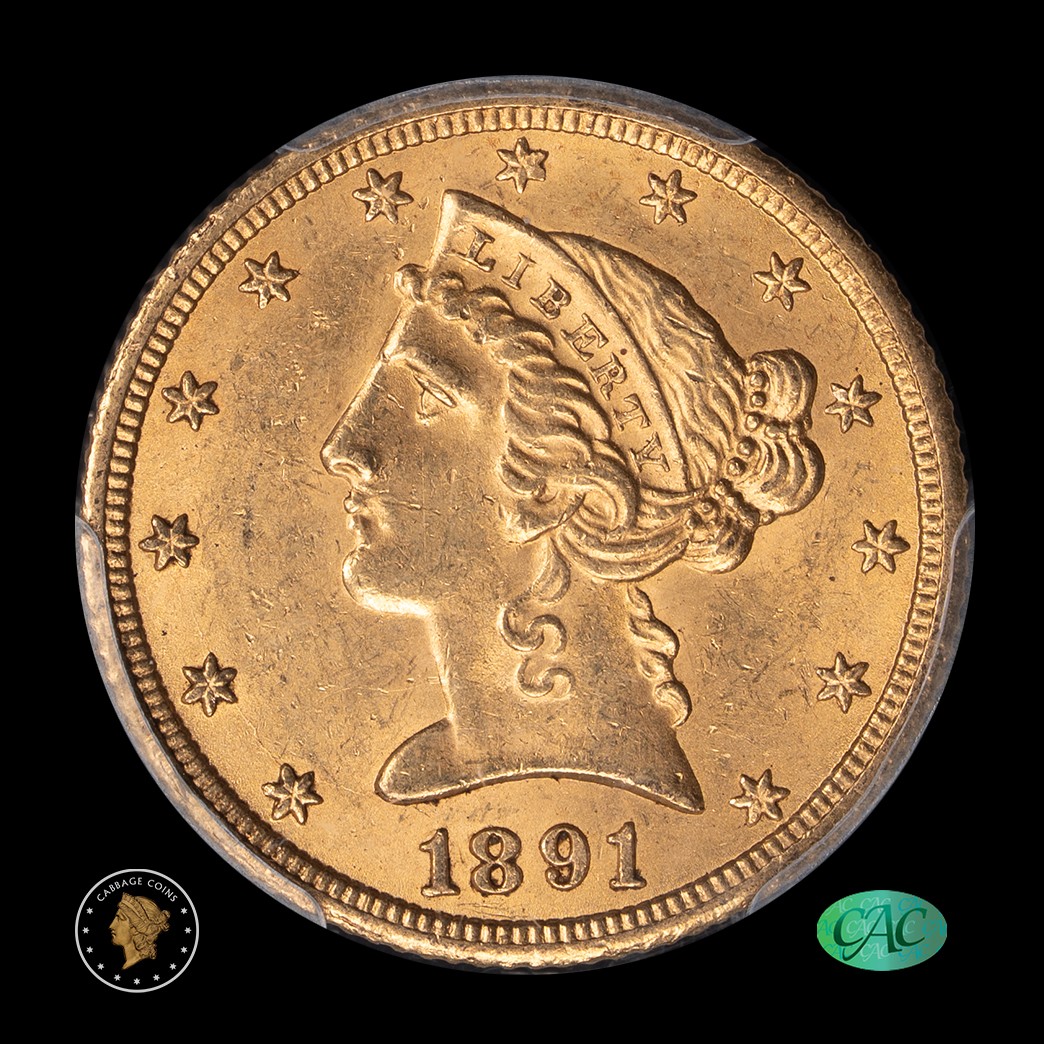 1891-CC $5 Liberty Head Half Eagle PCGS MS63+ CAC obverse