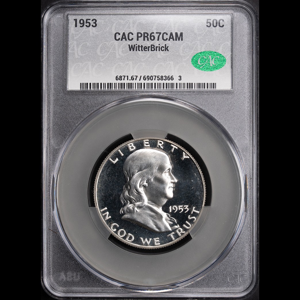 1953 50C Franklin Half Dollar CAC PR67CAM Witterbrick in holder, view 1