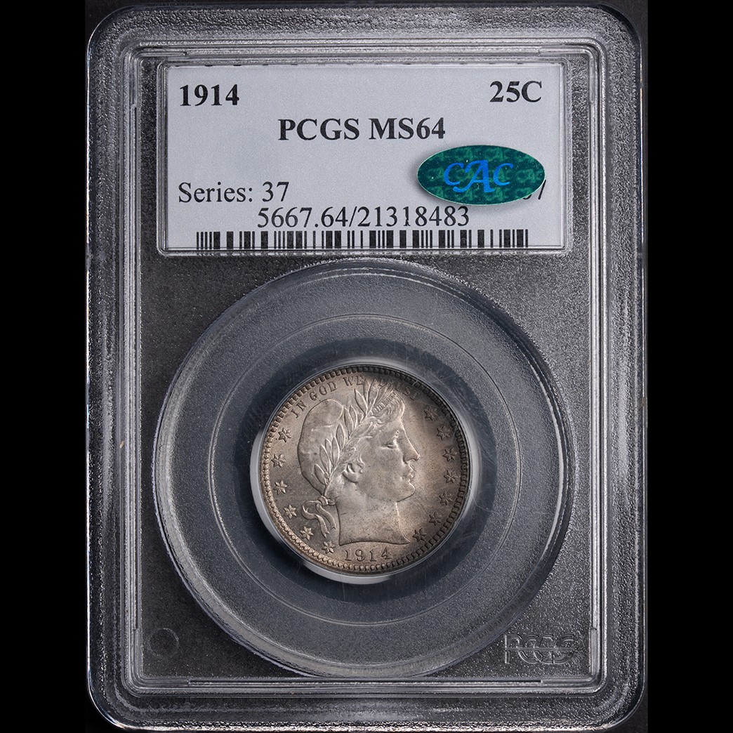 1914 25C Barber Quarter PCGS MS64 CAC in holder, view 1