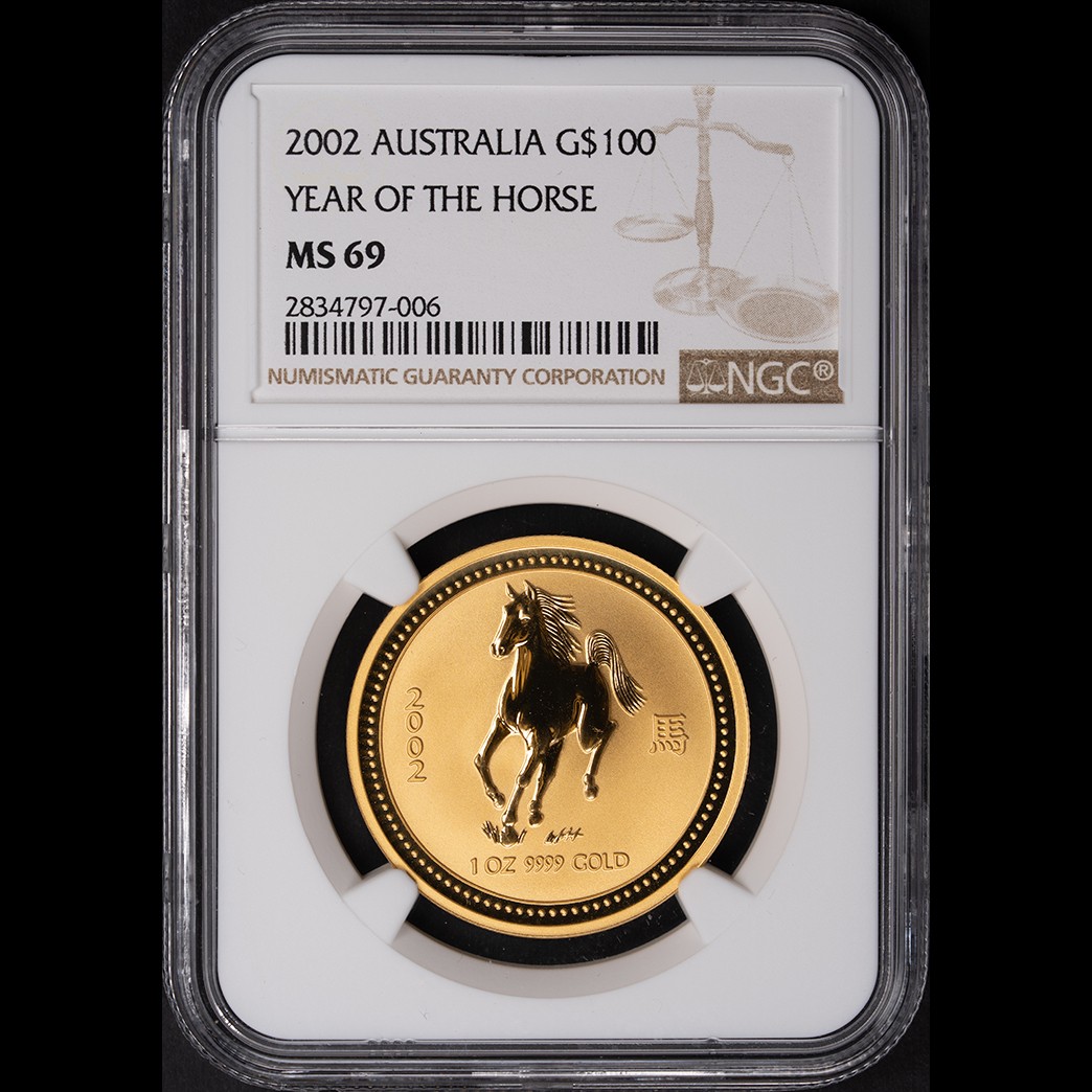 2002 Australia Gold Lunar "Year of the Horse" 1oz NGC MS69 in holder, view 1