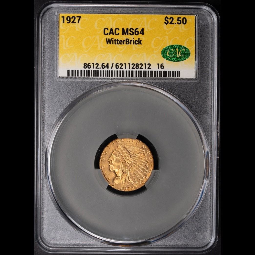 1927 $2.50 Indian Head Quarter Eagle CAC MS64 Witterbrick (gold) in holder, view 1