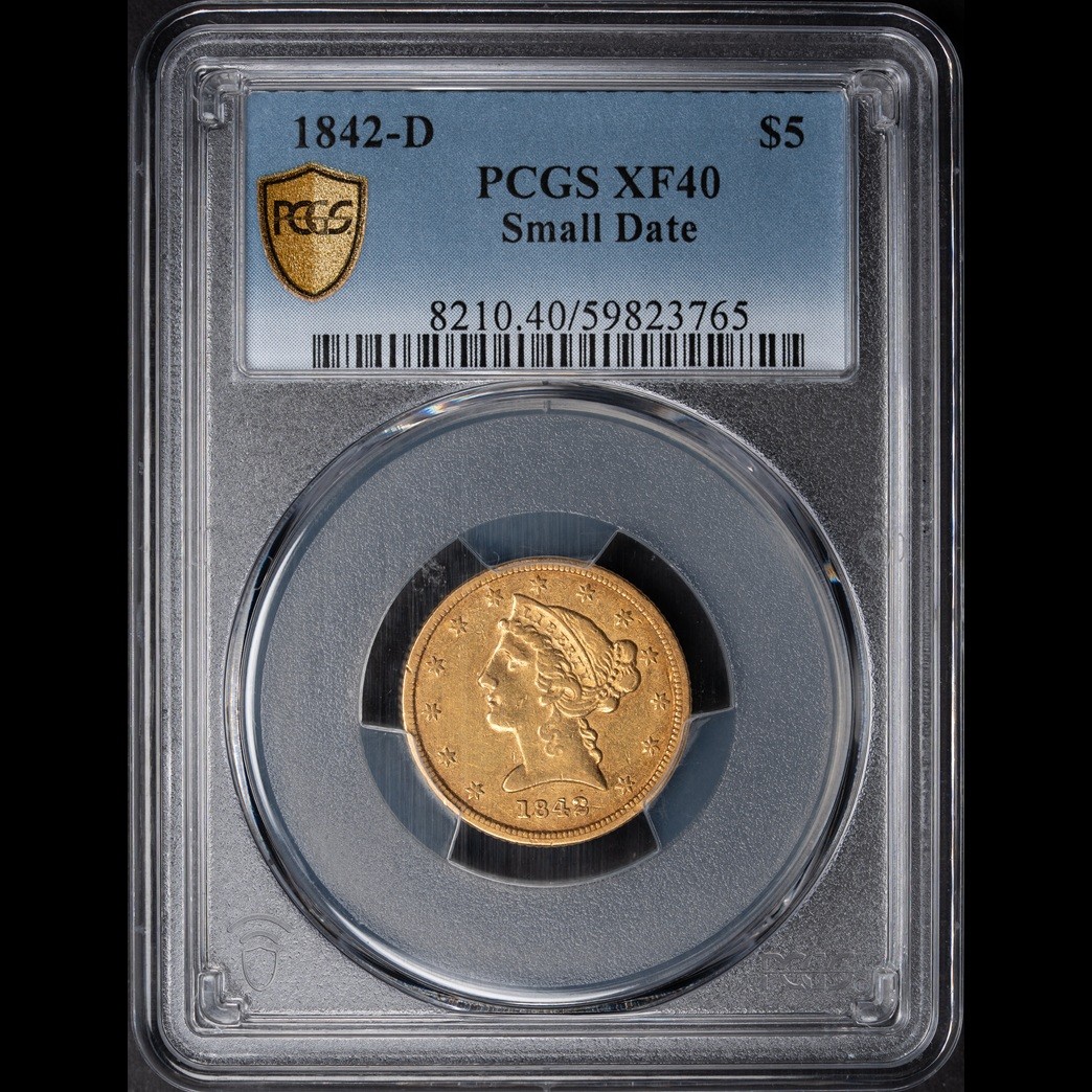 1842-D $5 Liberty Head Half Eagle Small Date PCGS XF40 in holder, view 1