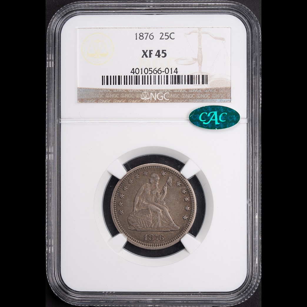 1876 25C Liberty Seated Quarter NGC XF45 CAC in holder, view 1