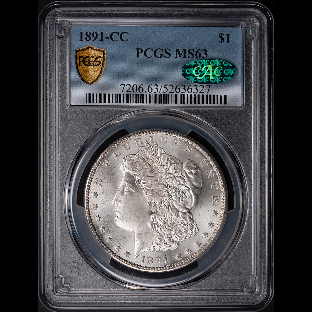1891-CC $1 Morgan Silver Dollar PCGS MS63 CAC in holder, view 1