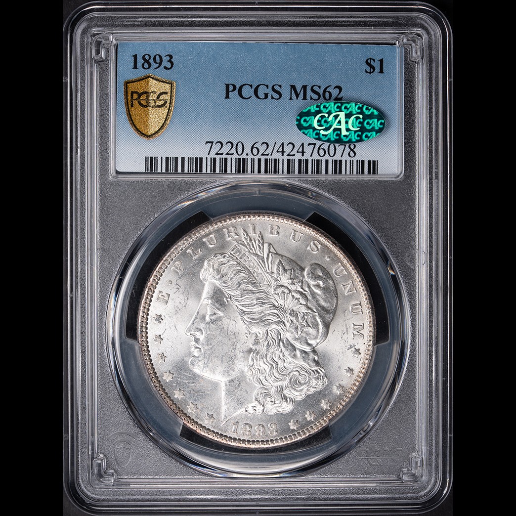 1893 $1 Morgan Silver Dollar PCGS MS62 CAC in holder, view 1
