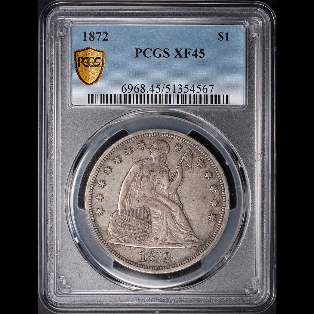 1872 $1 Seated Liberty Dollar PCGS XF45 in holder, view 1