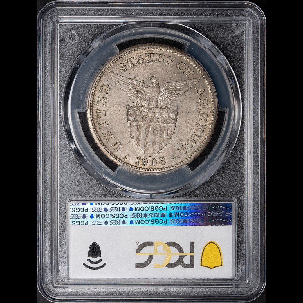 1908-S Peso US Philippines PCGS MS62 in holder, view 2