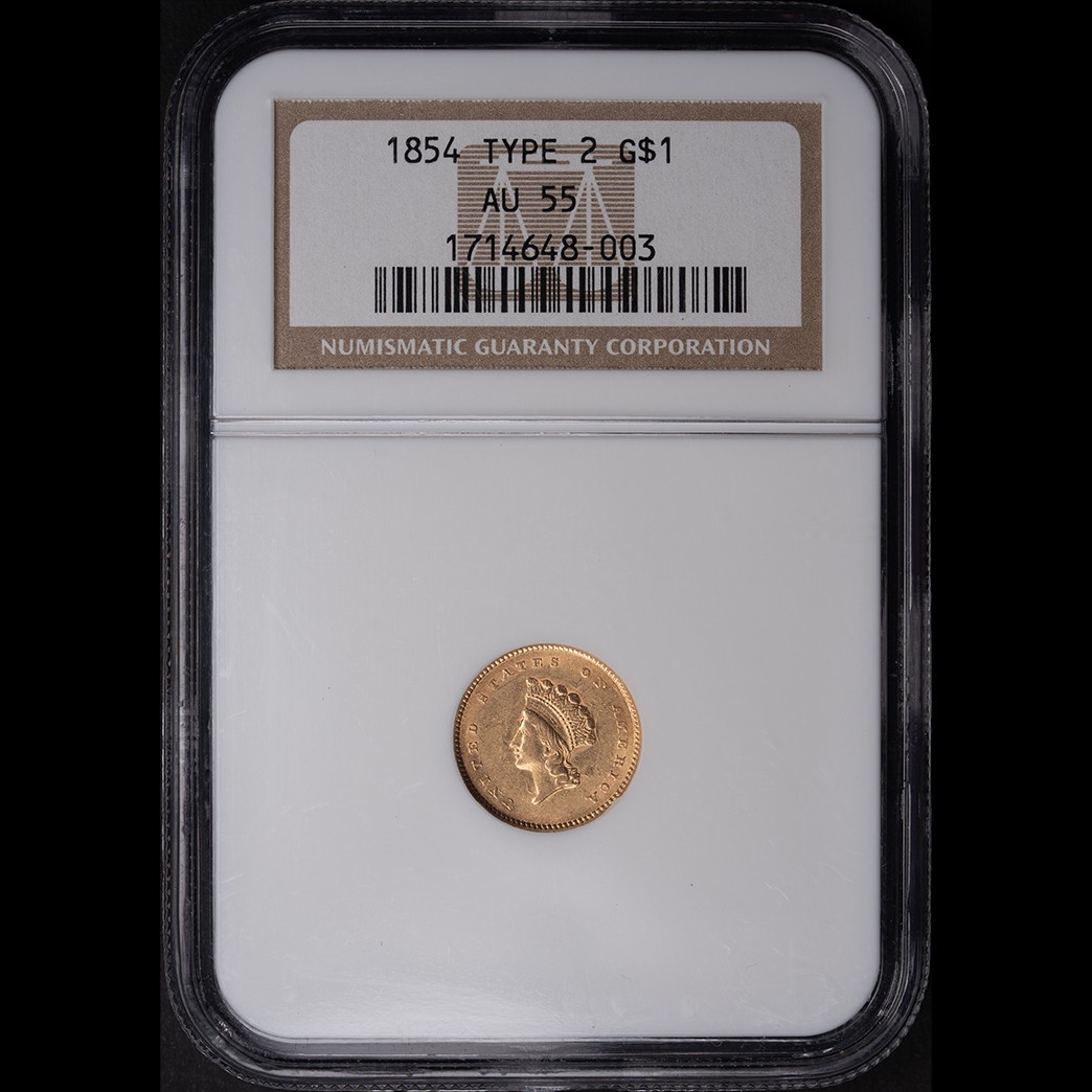 1854 G$1 Princess Head Gold Dollar Type 2 NGC AU55 in holder, view 1