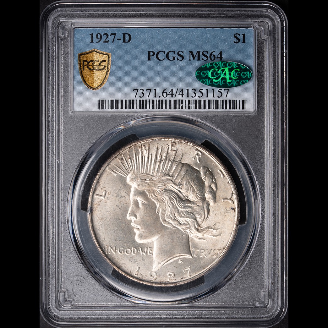 1927-D $1 Peace Silver Dollar PCGS MS64 CAC in holder, view 1