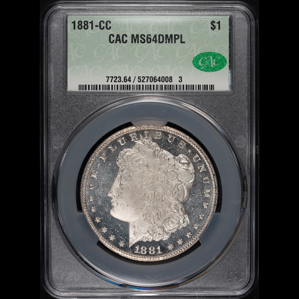 1881-CC $1 Morgan Silver Dollar CACG MS64DMPL in holder, view 1