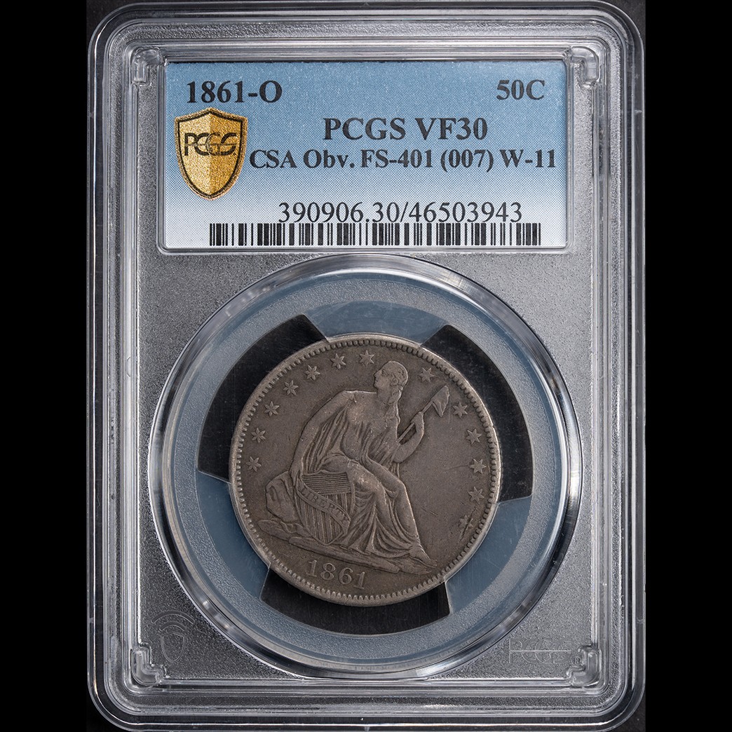 1861-O 50C Seated Half PCGS VF30 CSA Obv. W-11 in holder, view 1