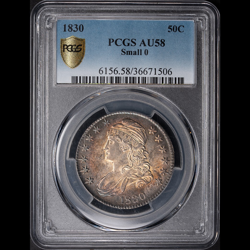 1830 50C Capped Bust Half Dollar Small 0 PCGS AU58 in holder, view 1
