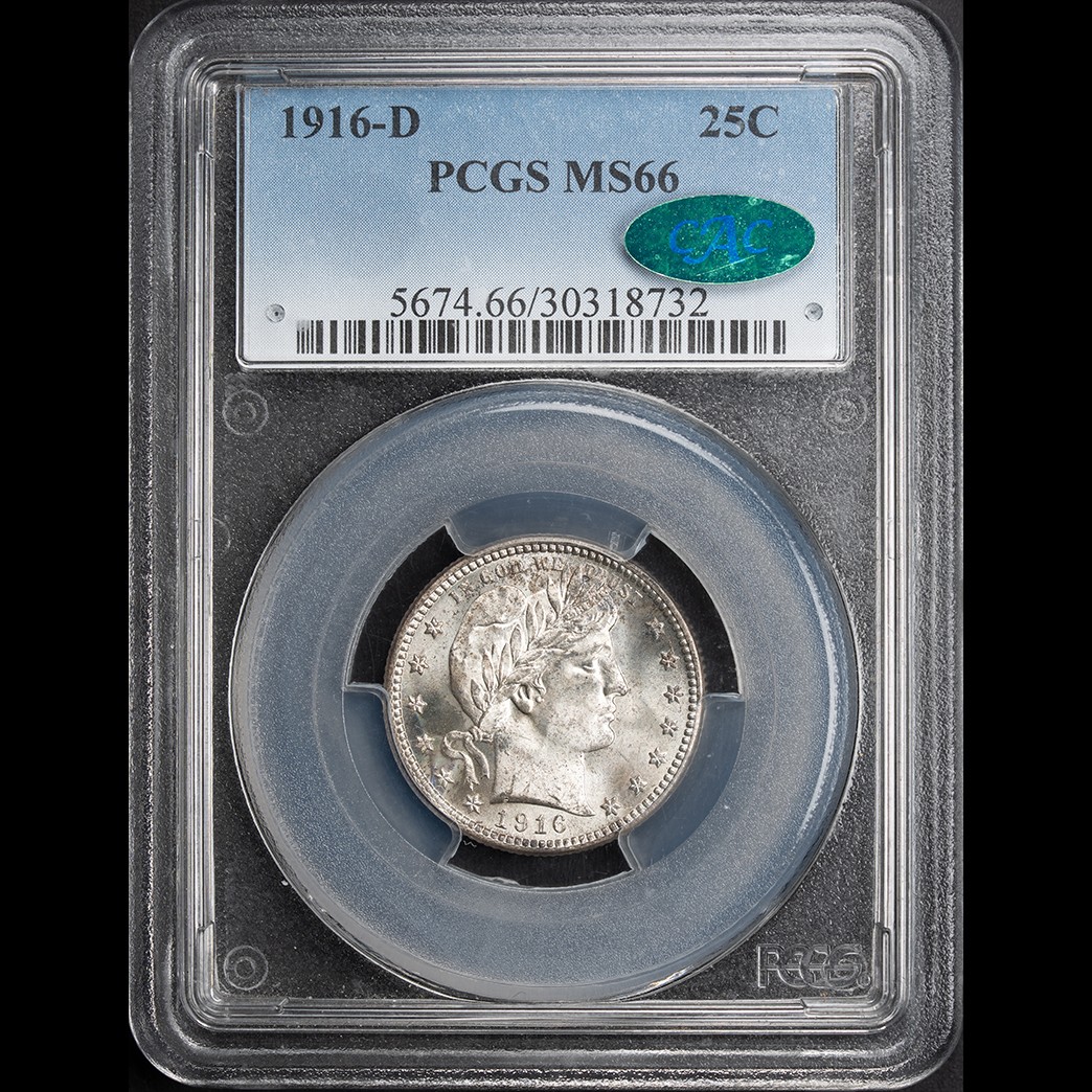 1916-D 25C Barber Quarter PCGS MS66 CAC in holder, view 1