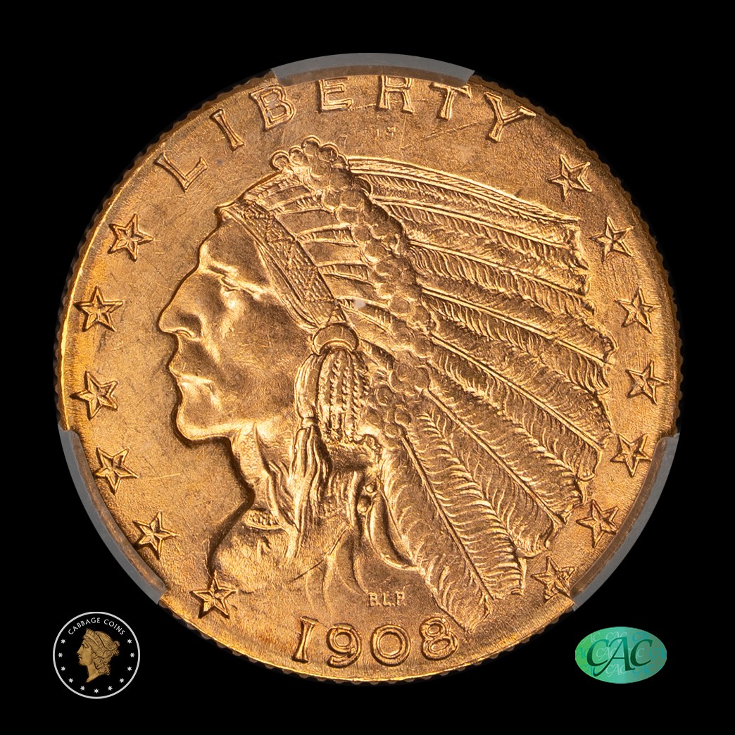 1908 $2.50 Indian Head Quarter Eagle CACG MS64 Witterbrick JD obverse