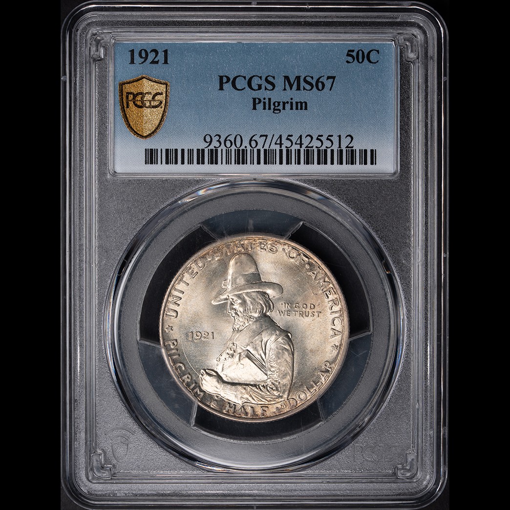 1921 50C Pilgrim Commemorative Half Dollar PCGS MS67 in holder, view 1