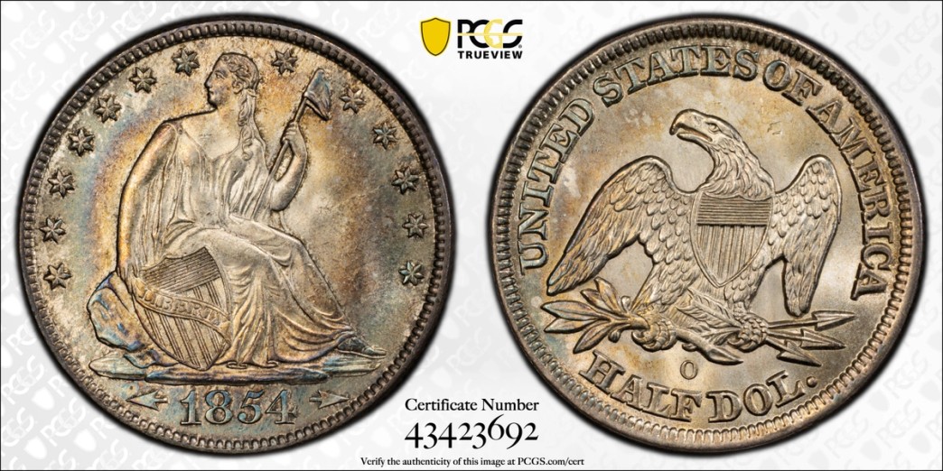 1854-O 50C Liberty Seated Half Dollar (arrows) PCGS MS66 in holder, view 3