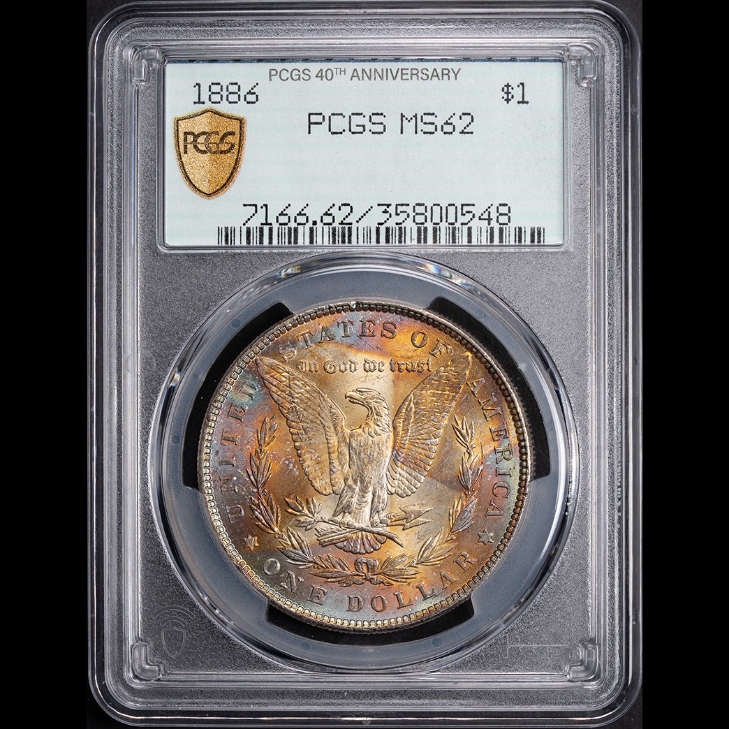 1886 $1 Morgan Silver Dollar PCGS MS62 Toner (Dual Sided EOR) in holder, view 1