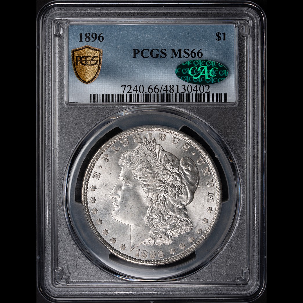 1896 $1 Morgan Silver Dollar PCGS MS66 CAC in holder, view 1