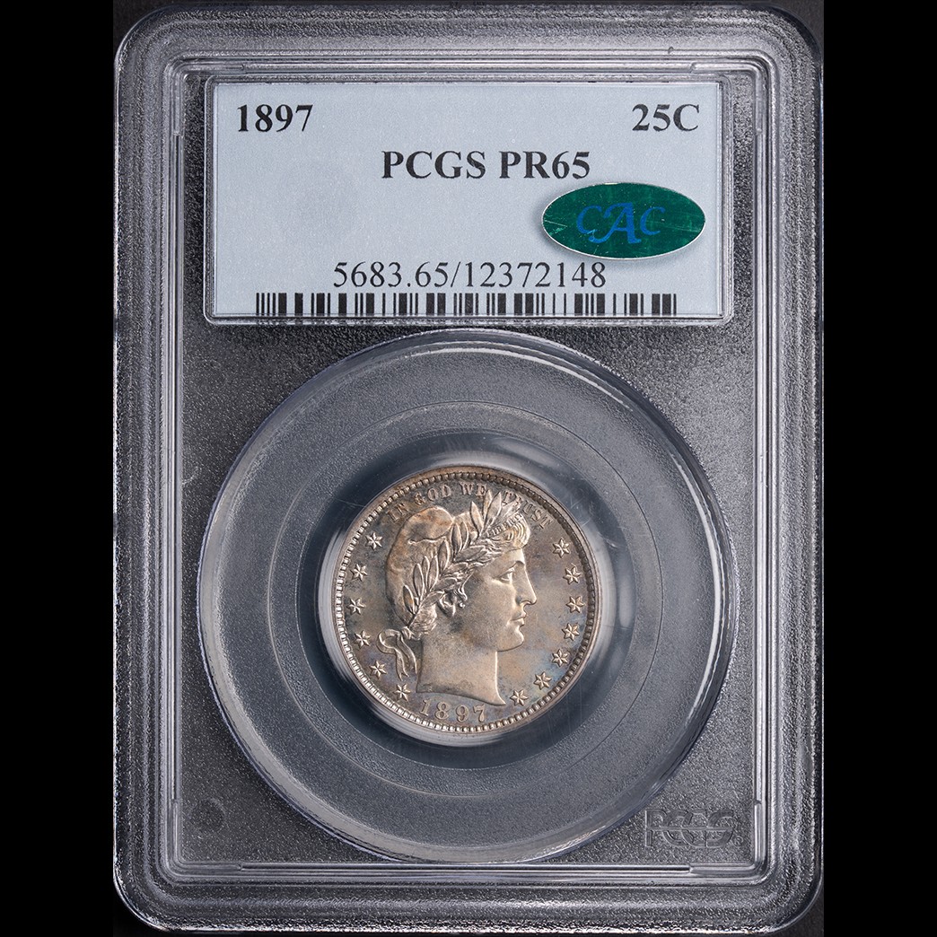 1897 25C Barber Quarter Proof PCGS PR65 CAC in holder, view 1