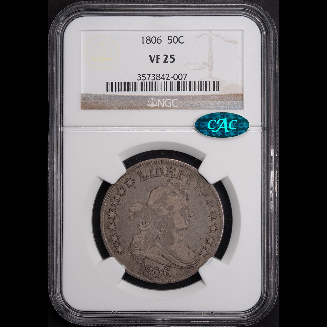 1806 50C Draped Bust Half Dollar Pointed 6, Stem NGC VF25 CAC in holder, view 1