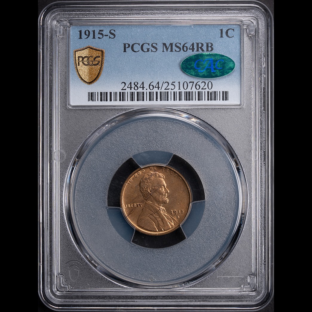 1915-S 1C Lincoln Cent PCGS MS64RB CAC in holder, view 1