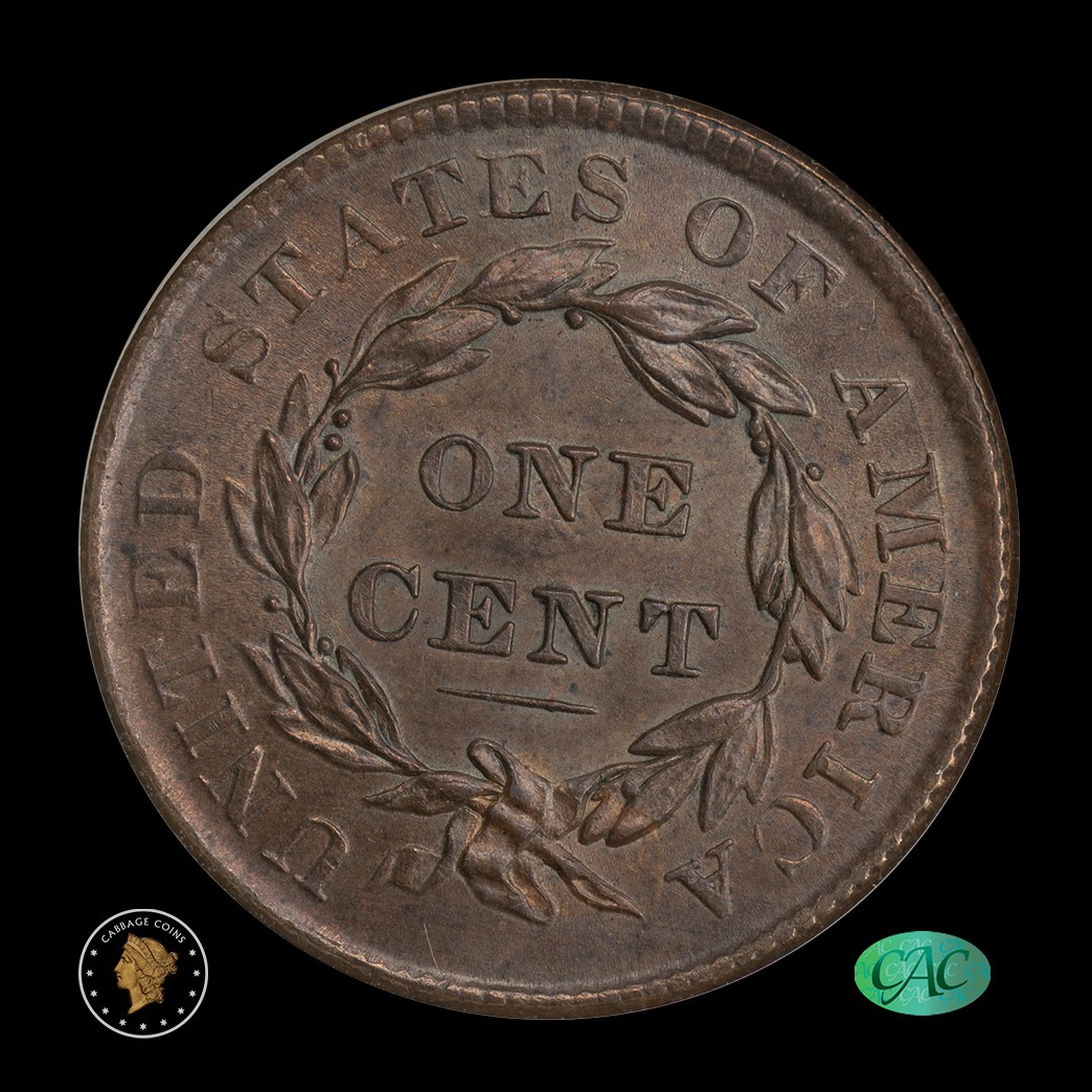 1835 1C Large Cent NGC MS65 BN CAC in holder, view 2