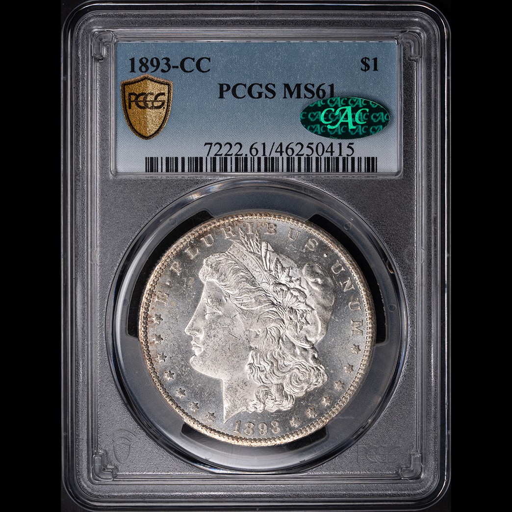 1893-CC $1 Morgan Silver Dollar PCGS MS61 CAC in holder, view 1