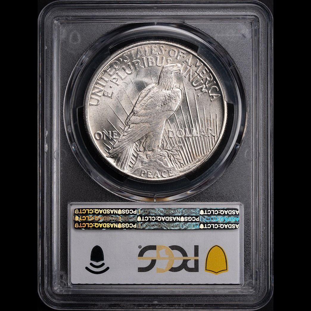 1921 $1 Peace Dollar High Relief PCGS MS63+ CAC in holder, view 2