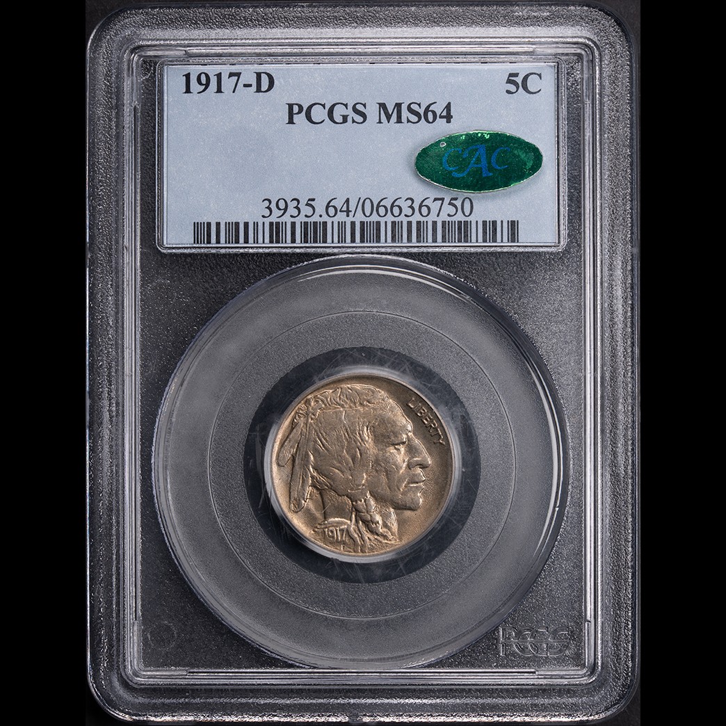 1917-D 5C Buffalo Nickel PCGS MS64 CAC in holder, view 1