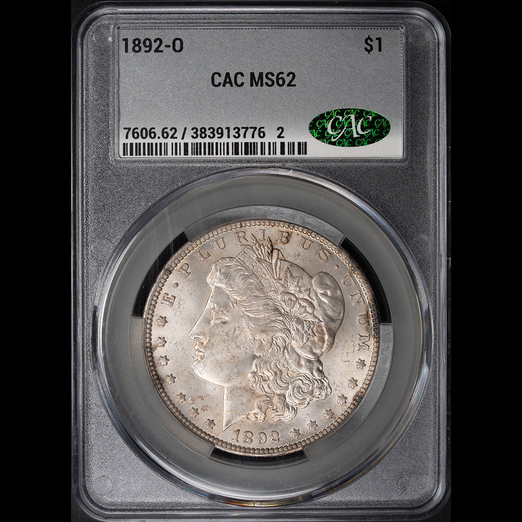 1892-O $1 Morgan Silver Dollar CAC MS62 in holder, view 1