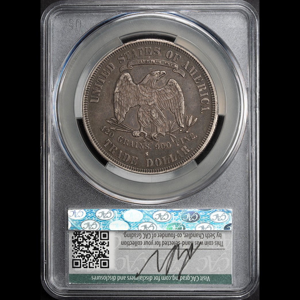 1878-S T$1 Trade Dollar CAC XF45 Witterbrick in holder, view 2