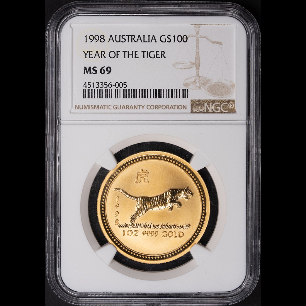 1998 Australia Lunar "Year of the Tiger" 1oz Gold NGC MS69 in holder, view 1