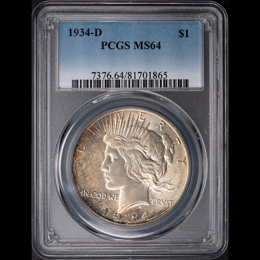 1934-D $1 Peace Silver Dollar PCGS MS64 in holder, view 1