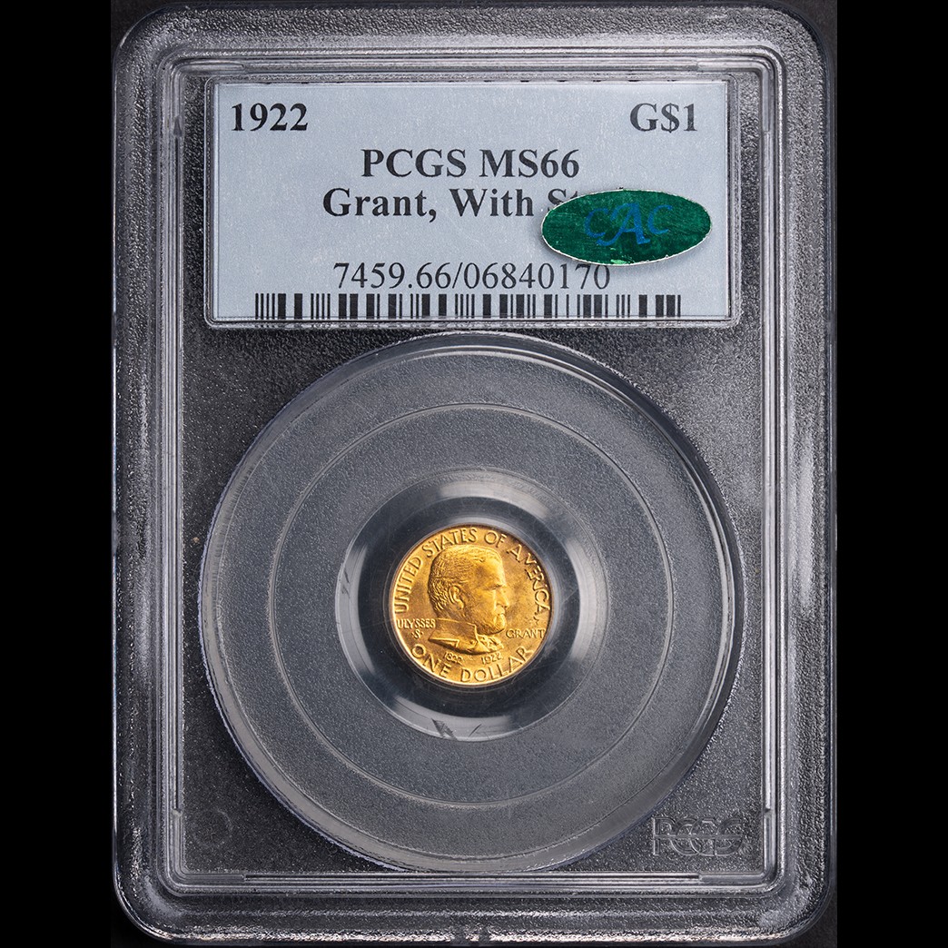 1922 G$1 Grant, w/Star Gold Commem PCGS MS66 CAC in holder, view 1
