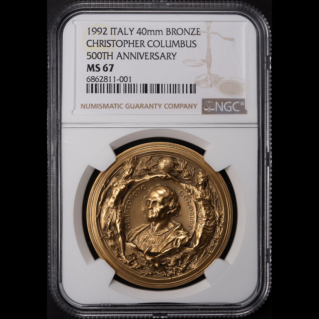 1992 Italy Bronze Columbus 500th Anniversary NGC MS67 in holder, view 1