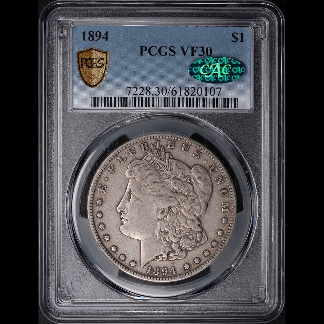 1894 $1 Morgan Silver Dollar PCGS VF30 CAC in holder, view 1