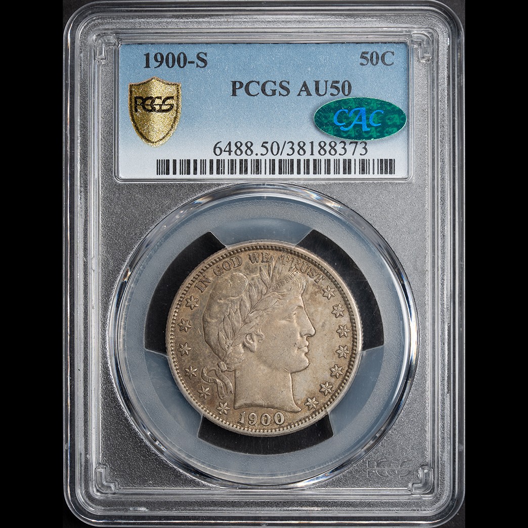 1900-S 50C Barber Half Dollar PCGS AU50 CAC in holder, view 1
