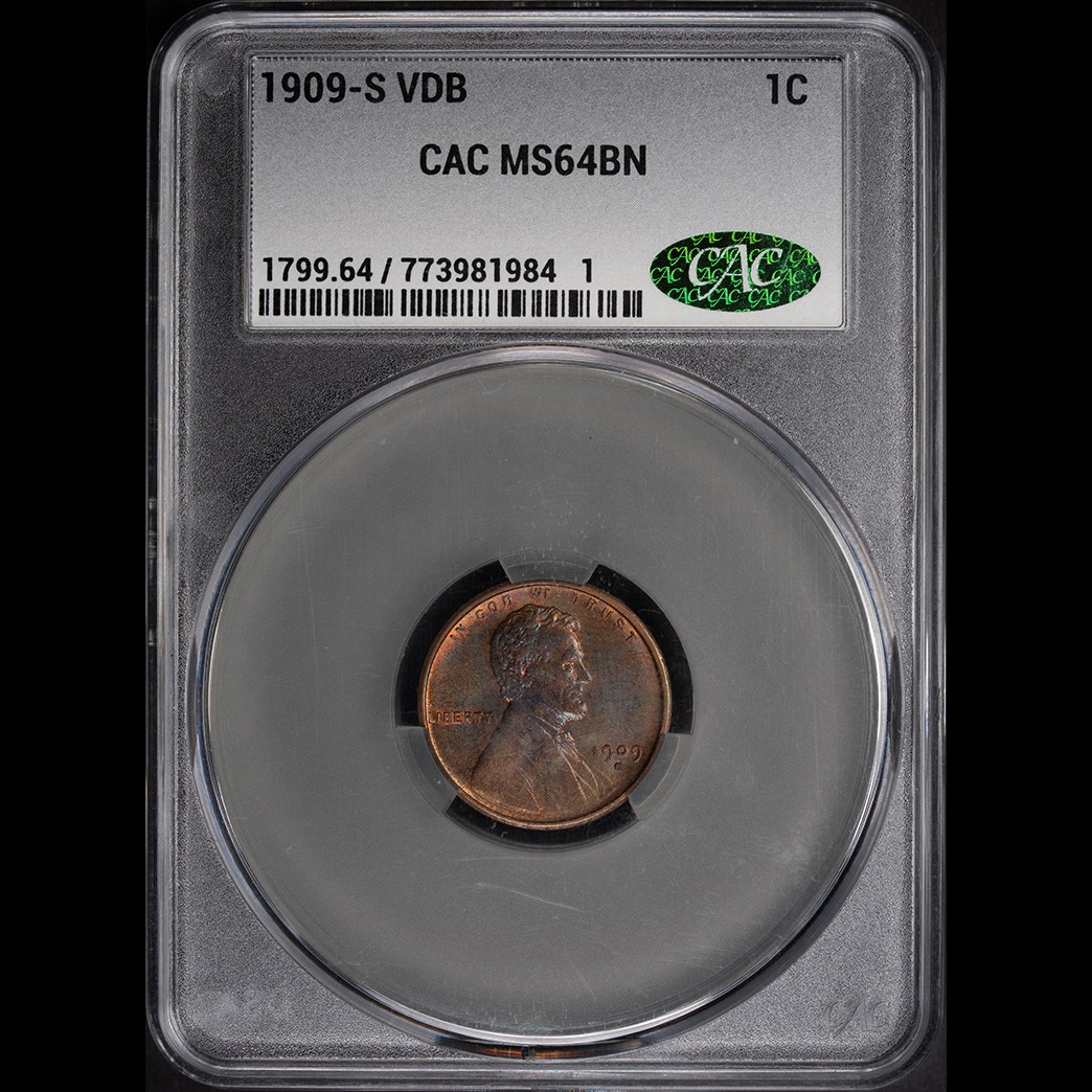 1909-S VDB 1C Lincoln Cent CAC MS64BN in holder, view 1