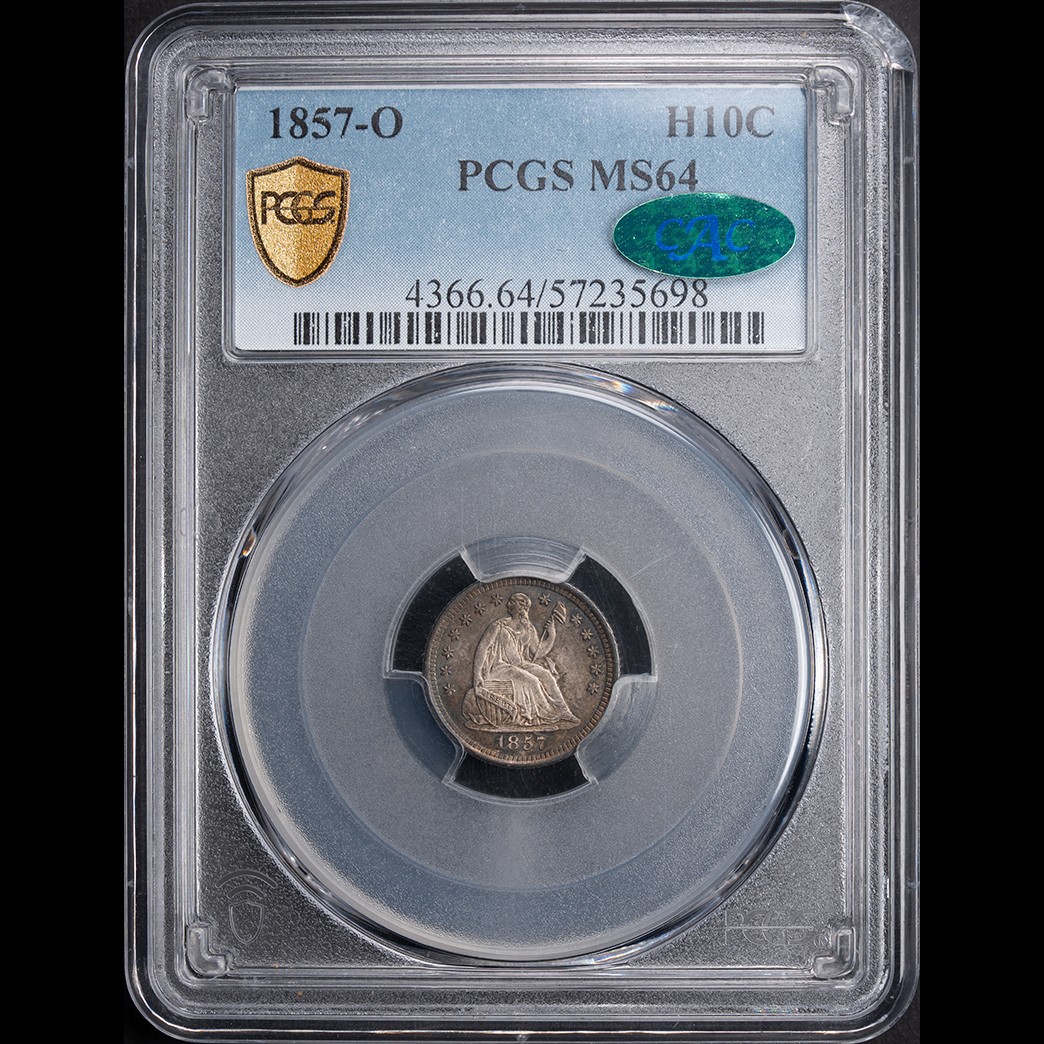 1857-O H10C Liberty Seated Half Dime PCGS MS64 CAC in holder, view 1