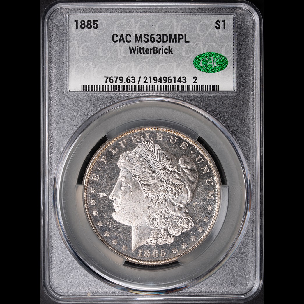 1885 $1 Morgan Silver Dollar CAC MS63 DMPL in holder, view 1