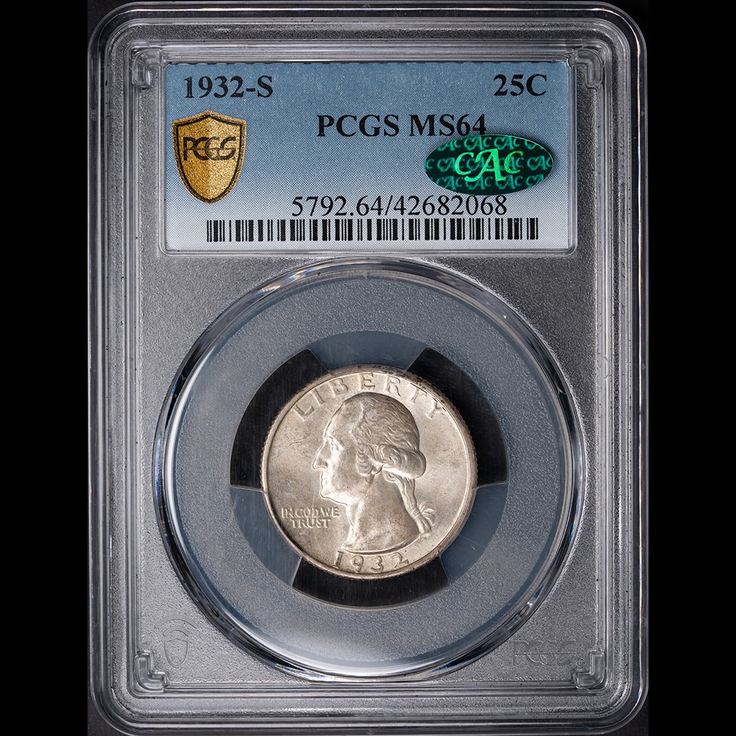 1932-S 25C Washington Quarter PCGS MS64 CAC in holder, view 1