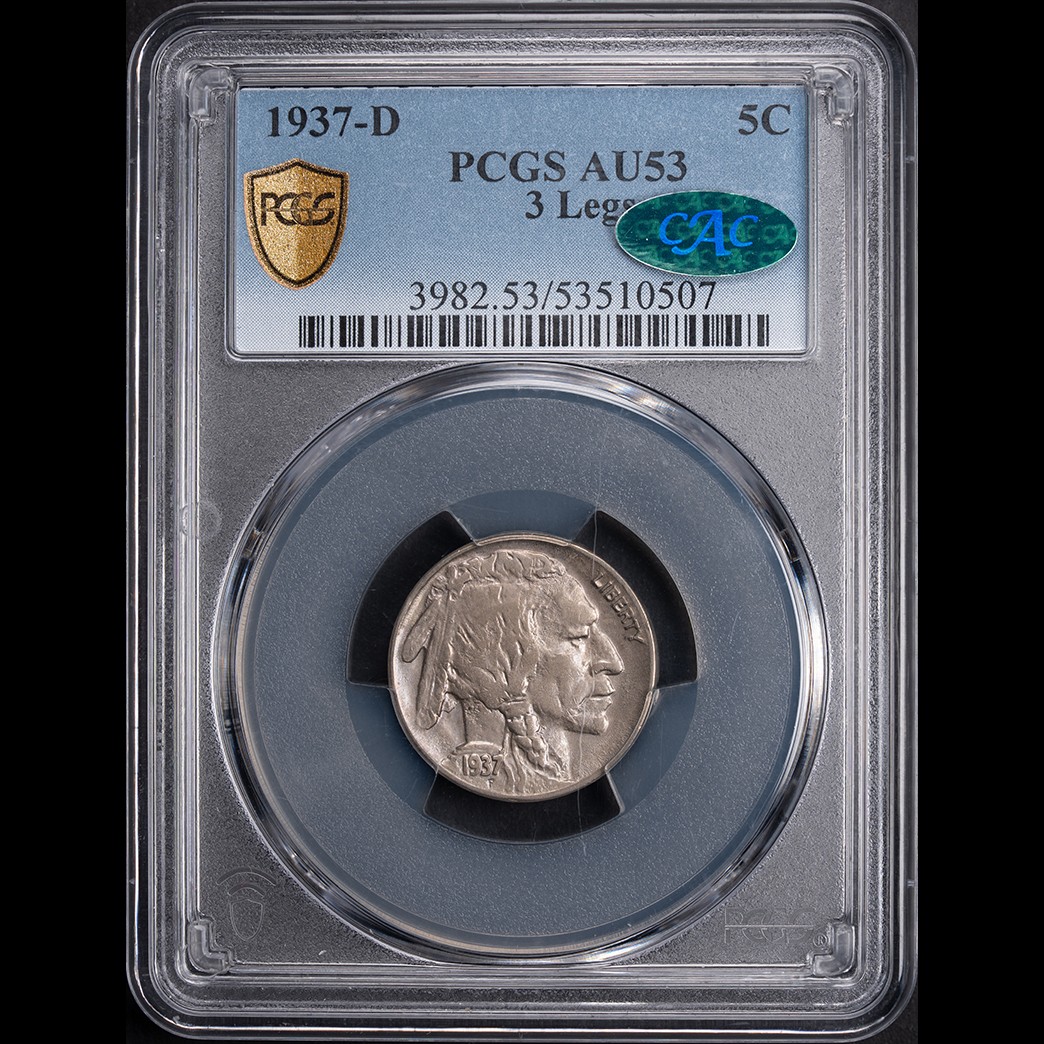 1937-D 5C Buffalo Nickel PCGS AU53 CAC 3 Legs obverse