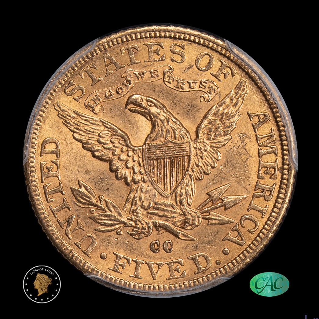 1891-CC $5 Liberty Head Half Eagle PCGS MS63+ CAC reverse