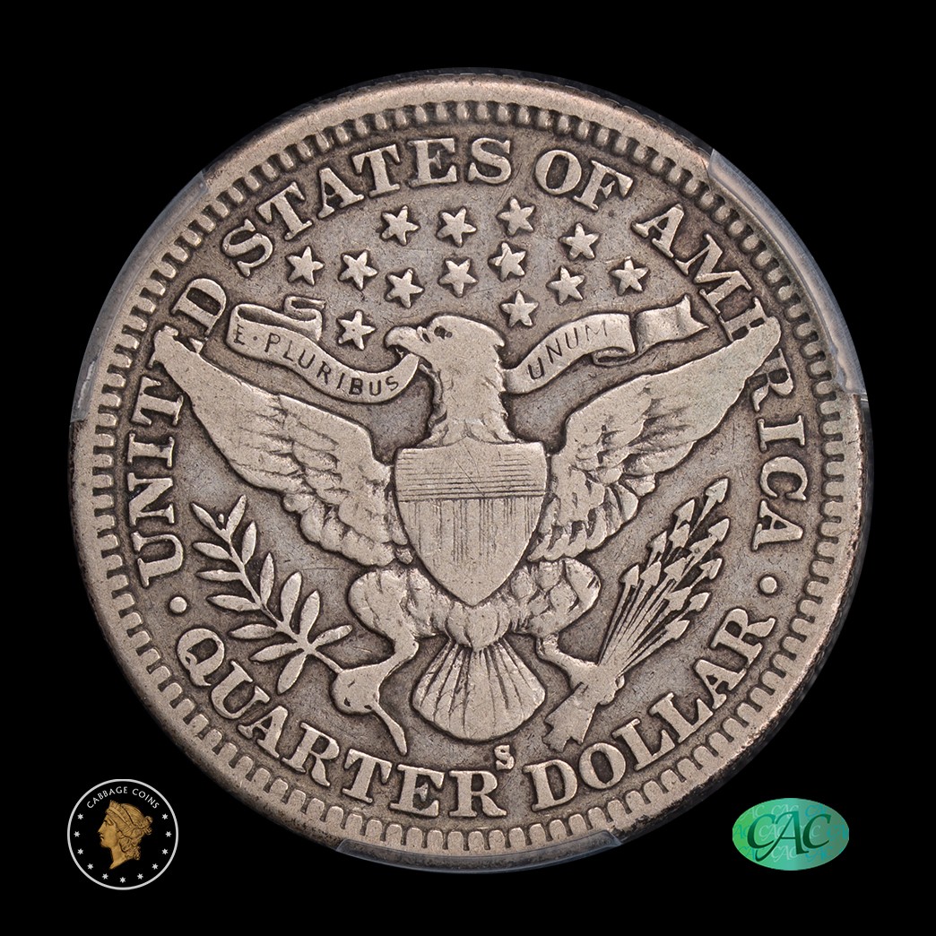 1913-S 25C Barber Quarter Dollar PCGS F15 CAC reverse