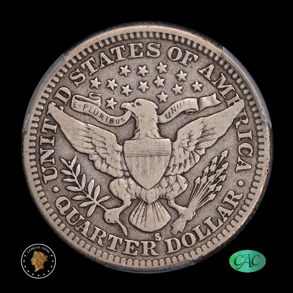 1913-S 25C Barber Quarter Dollar PCGS F15 CAC reverse
