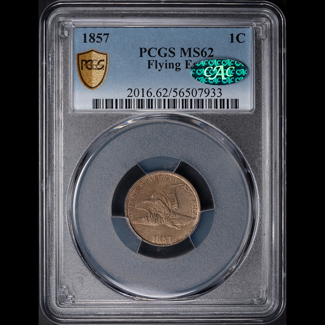 1857 1C Flying Eagle Cent PCGS MS62 CAC in holder, view 1